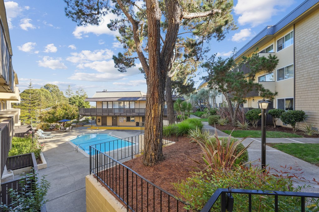 a building with a pool and trees in front of it