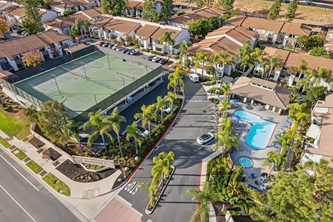 A tennis court is surrounded by houses and palm trees.