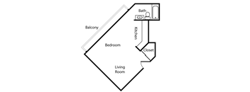 A diagram of a house layout showing a living room, bedroom, kitchen, closet, and bathroom.