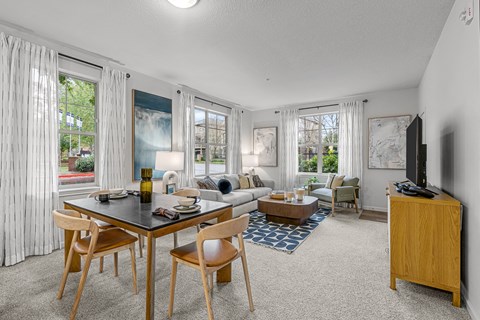 a living room with a dining room table and a couch