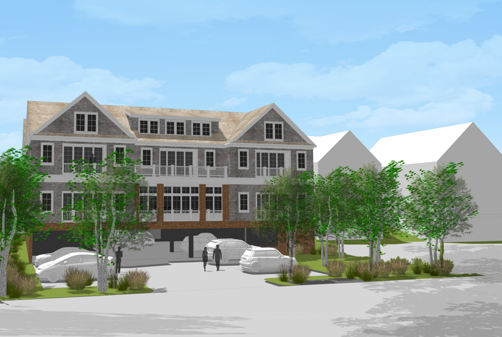 a rendering of a two story building with trees in front of it