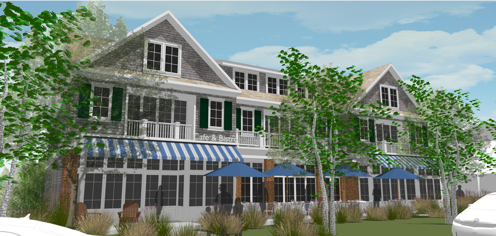 a rendering of a building with a porch and a balcony and trees