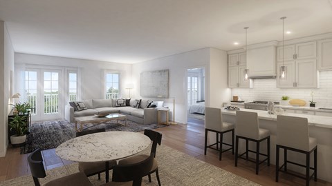 a rendering of a living room with a kitchen and a dining table