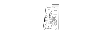 A floor plan of a house with a bedroom, living room, dining room, kitchen, and office/den.