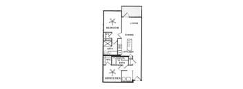 A floor plan of a small apartment with a bedroom, living room, dining room, kitchen, and office/den.