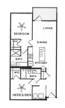 A floor plan of a small apartment with a bedroom, living room, dining room, kitchen, and office/den.