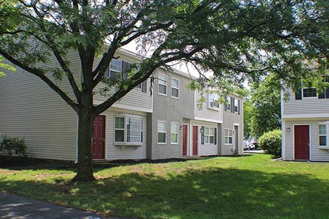 a white house with red doors and a tree