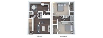 the layouts of the first and second floor of a 2103 sq ft apartment
