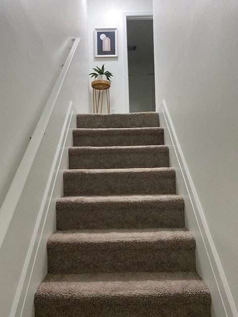 A staircase with a carpeted runner and a small stool with a plant on it.