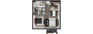 a rendering of a 3d floor plan with a bedroom and living room