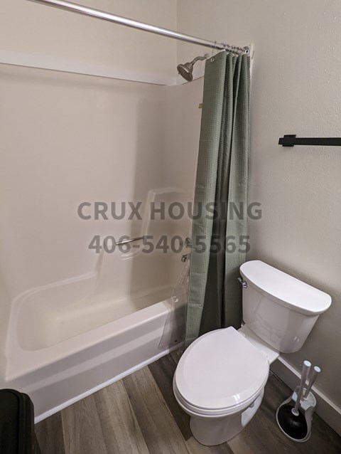 A white toilet sits next to a bathtub in a bathroom.