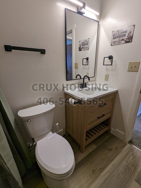 A white toilet in a small bathroom with wood cabinets and a mirror.