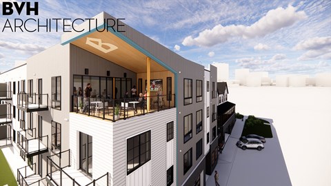a rendering of an apartment building with a balcony and a roof terrace with people