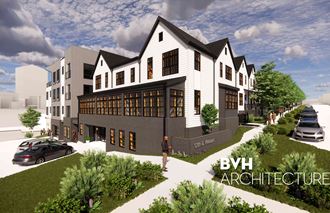 a rendering of a white and gray building with cars parked in front of it