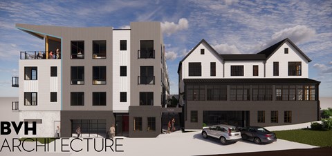 a rendering of a two story apartment building with cars parked in front of it