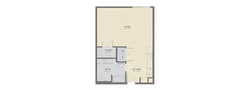 A floor plan of a living space with a closet, bathroom, and kitchen.