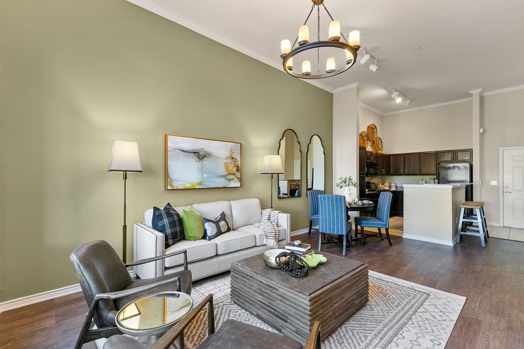 a living room with a couch and a table