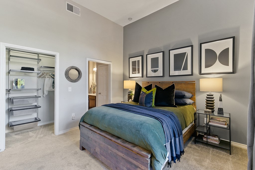 a bedroom with a bed and a closet