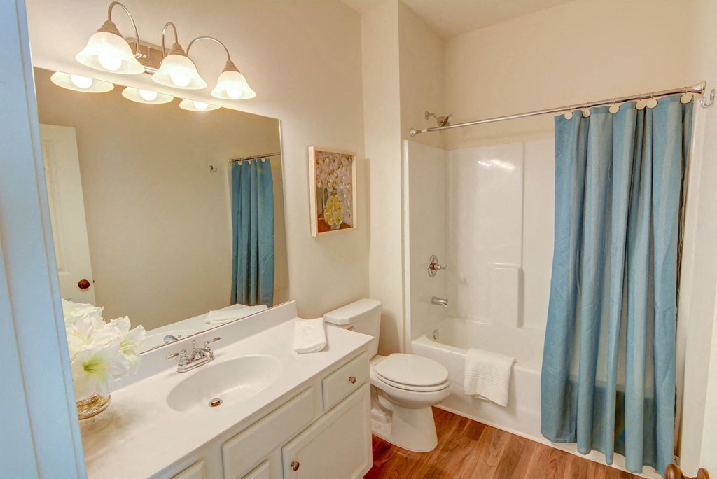 a bathroom with a white toilet next to a white tub with a blue shower curtain