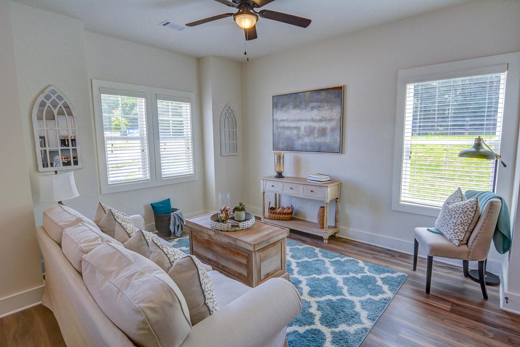 a living room with a white couch and a blue rug