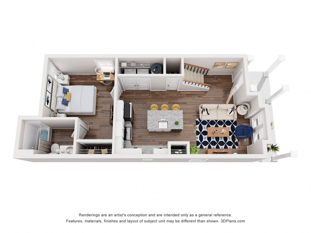 a stylized floor plan with a bedroom and a living room