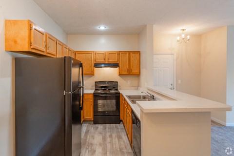 A kitchen with a black refrigerator and wooden cabinets.