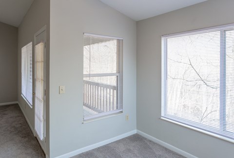 A room with two windows covered in white blinds.