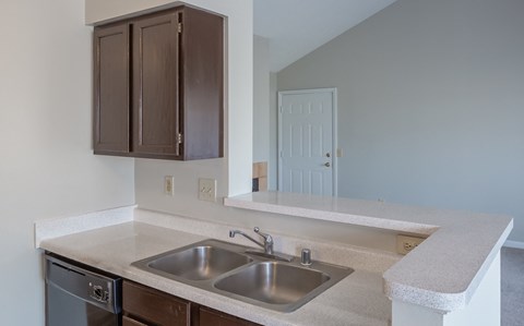 A kitchen with a white counter top and a stainless steel sink.