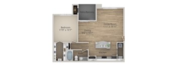 One Bedroom One Bathroom Floor Plan at Riachi at One21, Texas, 75025
