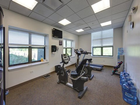 the gym has plenty of exercise equipment and windows
