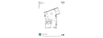 A floor plan for a studio apartment with a living room, dining area, kitchen, and bathroom.