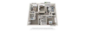 A 3D floor plan of a small apartment with a kitchen, living room, and two bedrooms.