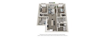 A 3D floor plan of a house with a kitchen, living room, and two bedrooms.