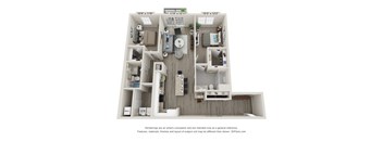 A 3D floor plan of a small apartment with a kitchen, living room, and bathroom.