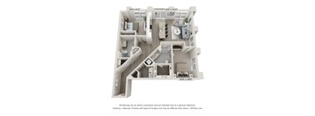 A 3D floor plan of a house with a living room, kitchen, and two bedrooms.