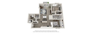 A 3D floor plan of a small apartment with a kitchen, living room, and bathroom.