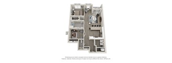 A 3D floor plan of an apartment with a kitchen, living room, and two bedrooms.