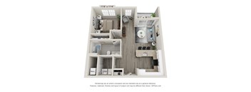 A 3D floor plan of a small apartment with a kitchen, living room, and bathroom.