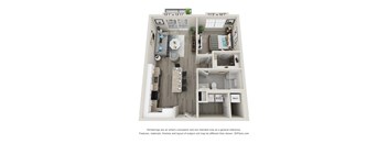 A 3D floor plan of a small apartment with a kitchen, living room, and bathroom.
