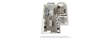 A 3D floor plan of a small apartment with a kitchen, living room, and bathroom.