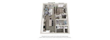 A 3D floor plan of a small apartment with a kitchen, living room, and bathroom.