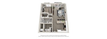 A floor plan of a small apartment with a kitchen, living room, and bathroom.