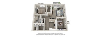 A 3D floor plan of a house with a kitchen, living room, and bathroom.