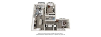 A floor plan of a small apartment with a kitchen, living room, and bathroom.
