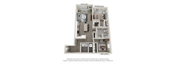 A 3D floor plan of a small apartment with a kitchen, living room, and bathroom.