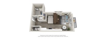 A 3D floor plan of a small apartment with a kitchen, living room, and bedroom.