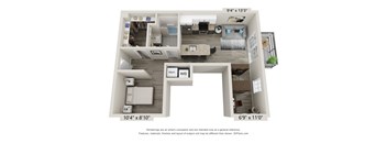 A 3D floor plan of a house with a living room, kitchen, and two bedrooms.