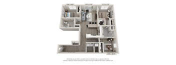 A 3D floor plan of a house with a kitchen, living room, and two bedrooms.