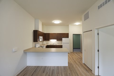 a view of a kitchen and living room in an empty apartment