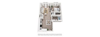 A floor plan of a two-bedroom apartment with a living room, kitchen, and bathroom.